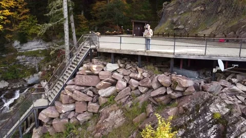 Waterfall, next to the observation deck. Aerial view from drone. Natural park. Stock Footage 169653642