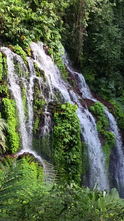 Waterfall Over Mossy Cliff at Banyu Wana Amertha, Bali, Slow Motion Stock Footage 346507930