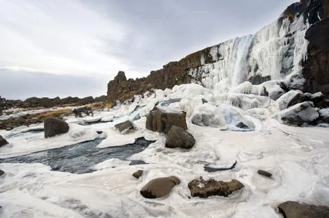 Waterfall in pingvellir valley Stock Photos