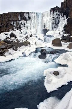 Waterfall in pingvellir valley Stock Photos