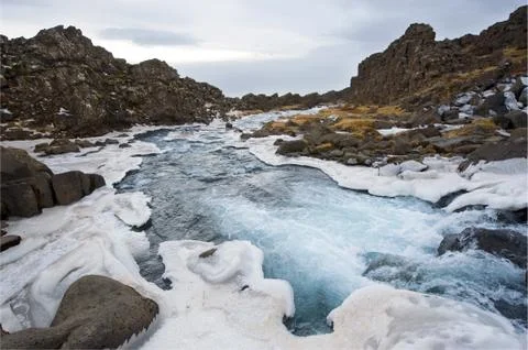 Waterfall in pingvellir valley Stock Photos