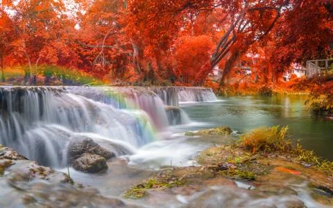 Waterfall in rain forest at national park Stock Photos