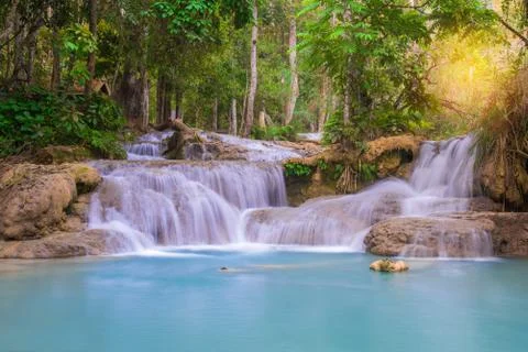 Waterfall in rain forest, Tat Kuang Si Waterfalls at Luang prabang. Stock Photos