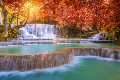 Waterfall in rain forest (Tat Kuang Si Waterfalls at Luang prabang, Laos.) Stock Photos