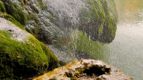 Waterfall rain on stone with moss in slow motion Stock Footage 124389463