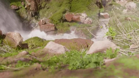 Waterfall rainbow close-up desert oasis. Mollesaja Waterfall in Torata, Moquegua Stock Footage 306005691