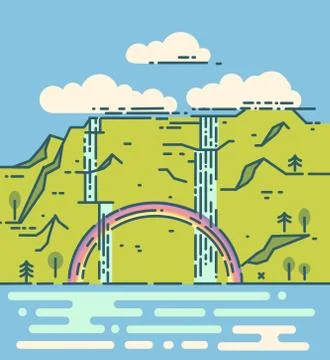 Waterfall with rainbow Stock Illustration