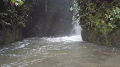 Waterfall in rainforest at rainy cloudy day in Mindo, Ecuador Video stock 128159129