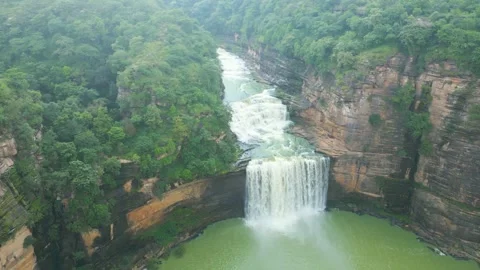 Waterfall Rajdari Devdari and Latif Shah, Chandrprabha  Dam Aerial View Stock Footage 288667118