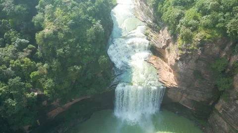 Waterfall Rajdari Devdari and Latif Shah, Chandrprabha  Dam Aerial View Stock Footage 288667399