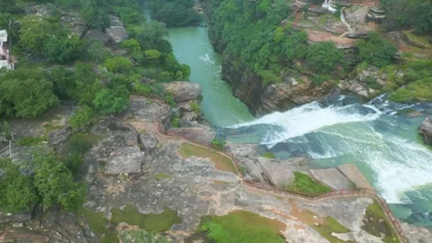 Waterfall Rajdari Devdari and Latif Shah, Chandrprabha  Dam Aerial View Stock Footage 288667512