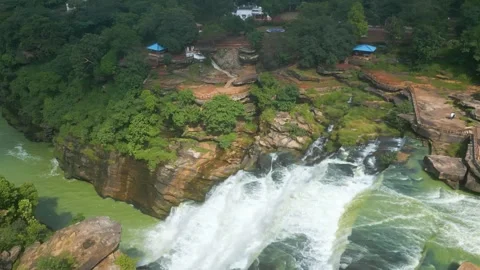 Waterfall Rajdari Devdari and Latif Shah, Chandrprabha  Dam Aerial View Stock Footage 288667540