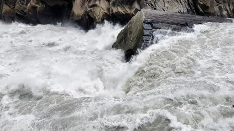 Waterfall Rapids around Huge Boulder in Rocky Channel Stock Footage 340130767