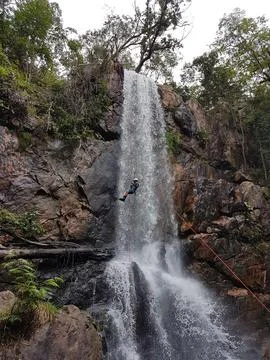 Waterfall rappelling adventure Stock Photos