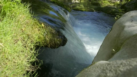 Waterfall in river course with green grass Stock Footage 222581862