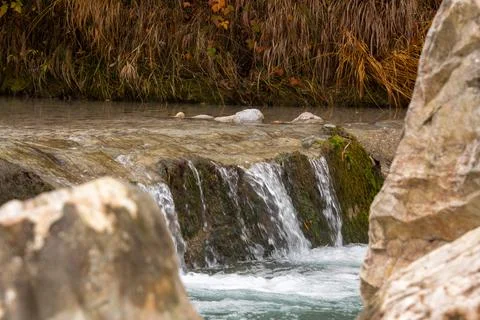 Waterfall at the river the Drau near Ferlach in Carinthia, Austria Stock Photos