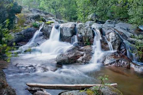 Waterfall of a river in the middle of the forest with tree trunk at the bottom. Stock Photos