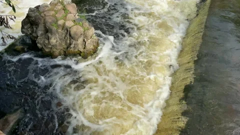 Waterfall from river. Mountain river with a waterfall and stones in lake. Video stock 218647819