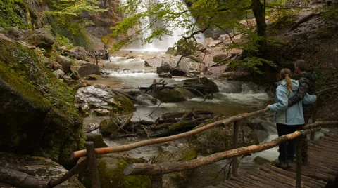 Waterfall, river, mountains, nature, people Stock Footage 30591237