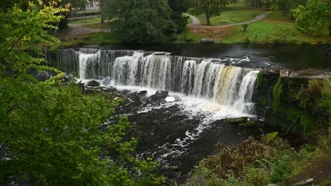 A waterfall on the river in a park with green trees. Effervescent water, Stock Footage 234608616