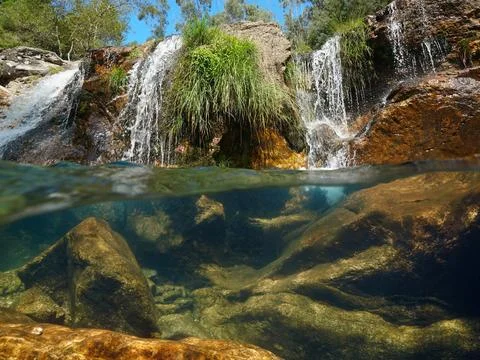 Waterfall in a river split level view over and under water surface Foto stock