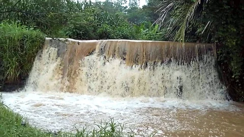 Waterfall on on river stream on the mountain after flood Stock Footage 122908877