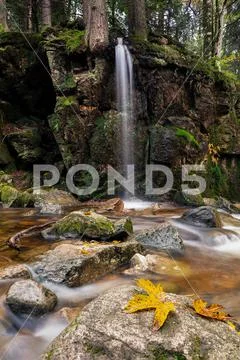 Waterfall with rocks and maple leaves Stock Photos