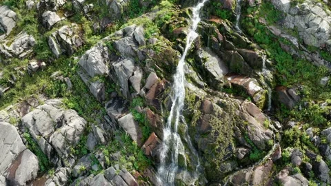 Waterfall runs from mountain with steep cliffs and plants Stock Footage 141911435