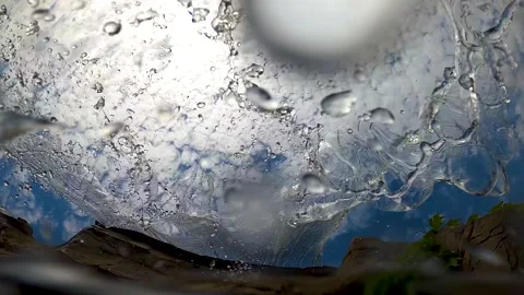 Waterfall shot from below, water falls on the camera Stock Footage 144884743