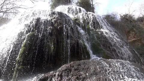 Waterfall at slow motion in the stone monastery Video stock 87601913