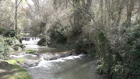Waterfall at slow motion in the stone monastery Stock Footage 87753308
