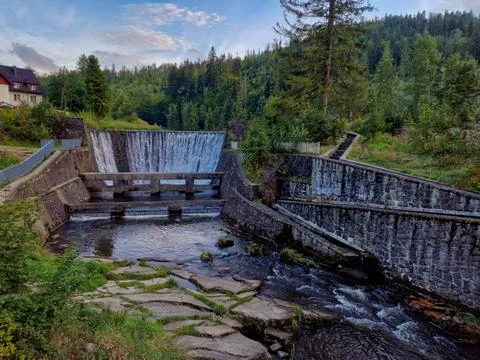 Waterfall, small dam on the wiselce. Wisla, Silesian Beskids. Poland Stock Photos