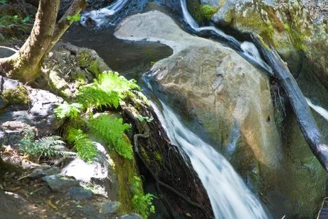 Waterfall at the small river cascade creek Stock Photos