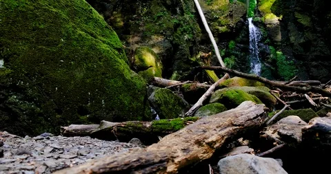 Waterfall splash, spring water as it falls and dribbles on rocks covered Stock Footage 126008192