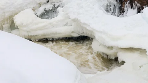 Waterfall, spring river with ice and snow Stock Footage 105641177