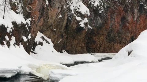 Waterfall, spring river with ice and snow Stock Footage 105712095