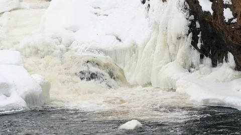 Waterfall, spring river with ice and snow Stock Footage 106010204