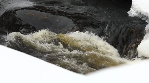 Waterfall, spring river with ice and snow Stock Footage 106011447