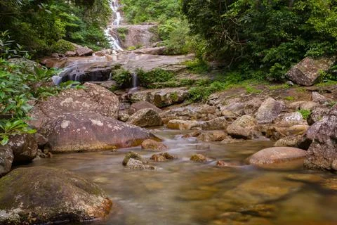Waterfall on stone in forest Stock Photos