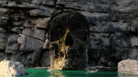 A waterfall in a stone skull. a skull in a mountain with a waterfall Stock Footage 281146865