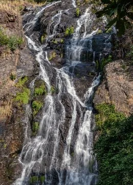 Waterfall stream falling down rocks and stones of mountain steep slope. Tro.. 写真素材