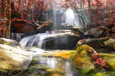 Waterfall with sunbeam in rainforest. Stock Photos