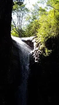 Waterfall in the Sunlit Forest Stock Photos