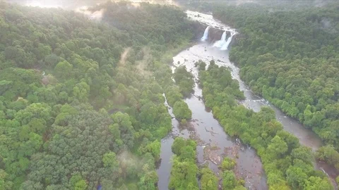 Waterfall Surrounded By Lush Green Forest Aerial View Vídeo Stock 71823380