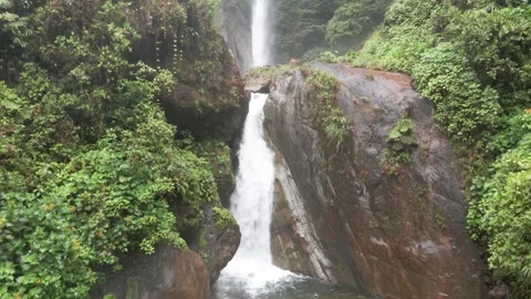 Waterfall Surrounded by Lush Green Vegetation and Rocks Stock Footage 343419985