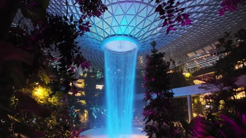The waterfall is surrounded by trees and plants at Rain Vortex, Changi Airport Vidéo 318089090