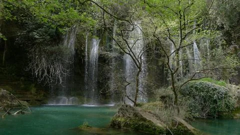 A waterfall surrounded by trees and a pool of water below Stock Photos