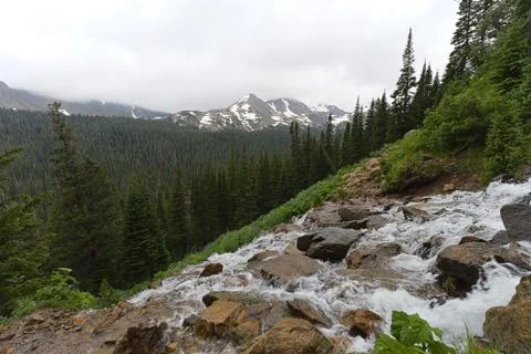 Waterfall into a Thick Mountain Forest Stock Photos