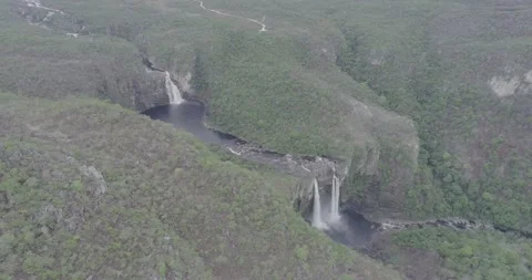 Waterfall top view drone in the middle of brazil national park Stock Footage 139950931