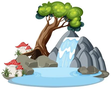 Waterfall with Tree in Cartoon Style Stock Illustration